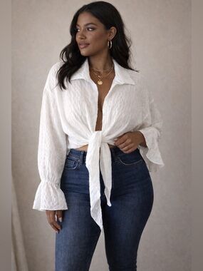 White Tie-Front Textured Button-Up Top - Women